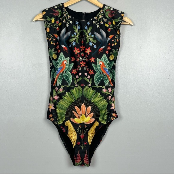 Averie Zip Up One-Piece Blaise Vibrant Rainforest Print swimsuit, small. - Picture 2 of 12